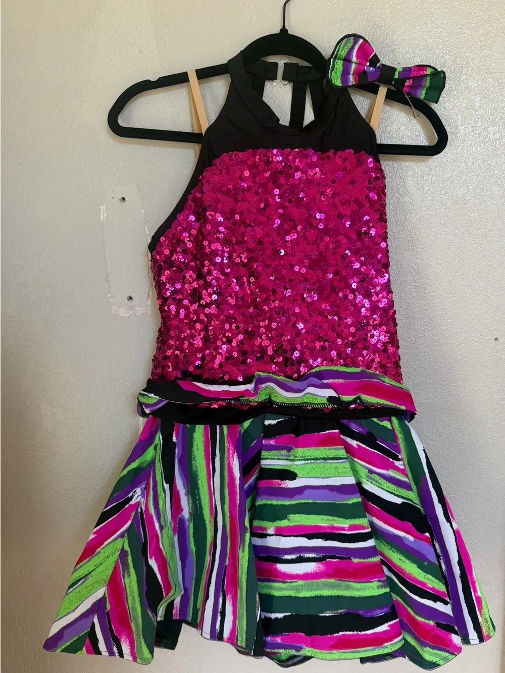 Girls Hot Pink Sequin Dance Dress with Multicolor Striped Skirt - Dance Costume
